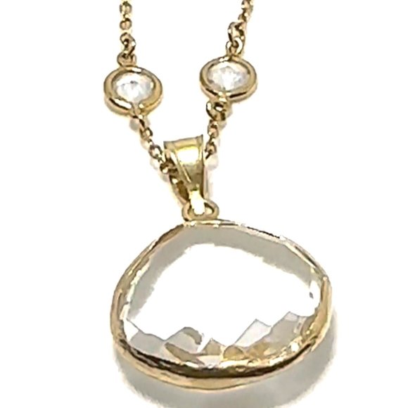 2PCS-CLEAR CRYSTAL QUARTZ CRY PENDANT W/ CZ 1/4" CHAIN, VERMEIL (.925 BASE)/14KT - Picture 1 of 3